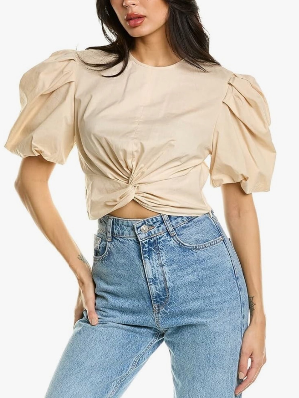 Vince Twist Knot Puff Sleeve Crop Top Blouse in Pale Fawn Women's Size M